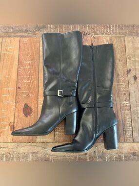 UNISA Black Knee High Boots Block Heel Buckle Detail Size 10M